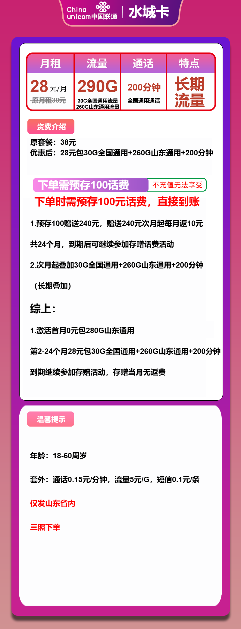 联通水城卡28元月租包290G通用+200分钟通话