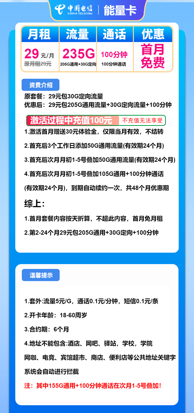 电信能量卡29元月租包205G通用+30G定向+100分钟通话