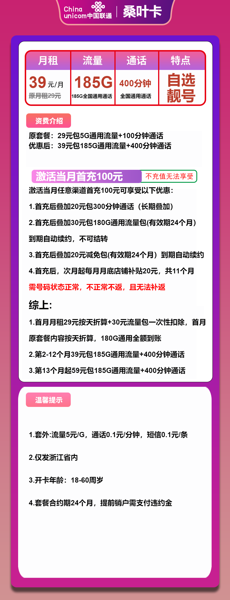 联通桑叶卡39元月租包185G通用+400分钟通话