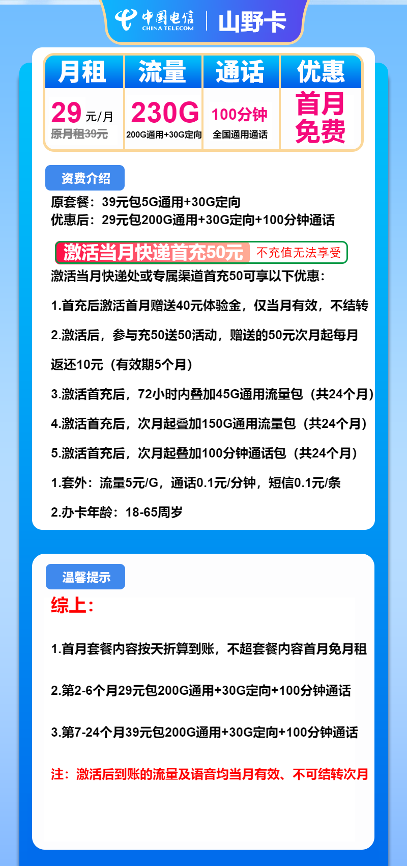 电信山野卡29元月租包200G通用+30G定向+100分钟通话