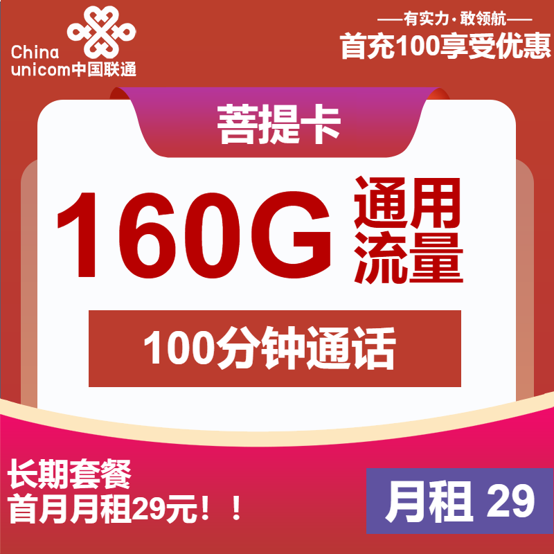 联通菩提卡29元月租包160G通用+100分钟通话