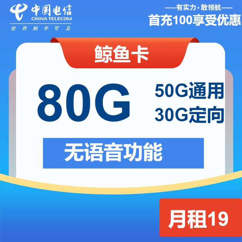电信鲸鱼卡19元月租包50G通用+30G定向