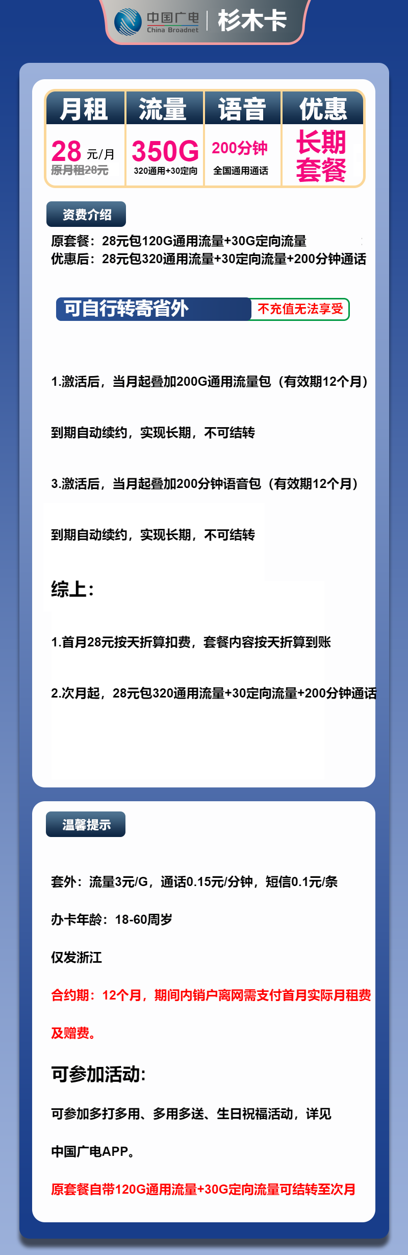 广电杉木卡28元月租包320G通用+30G定向+200分钟通话