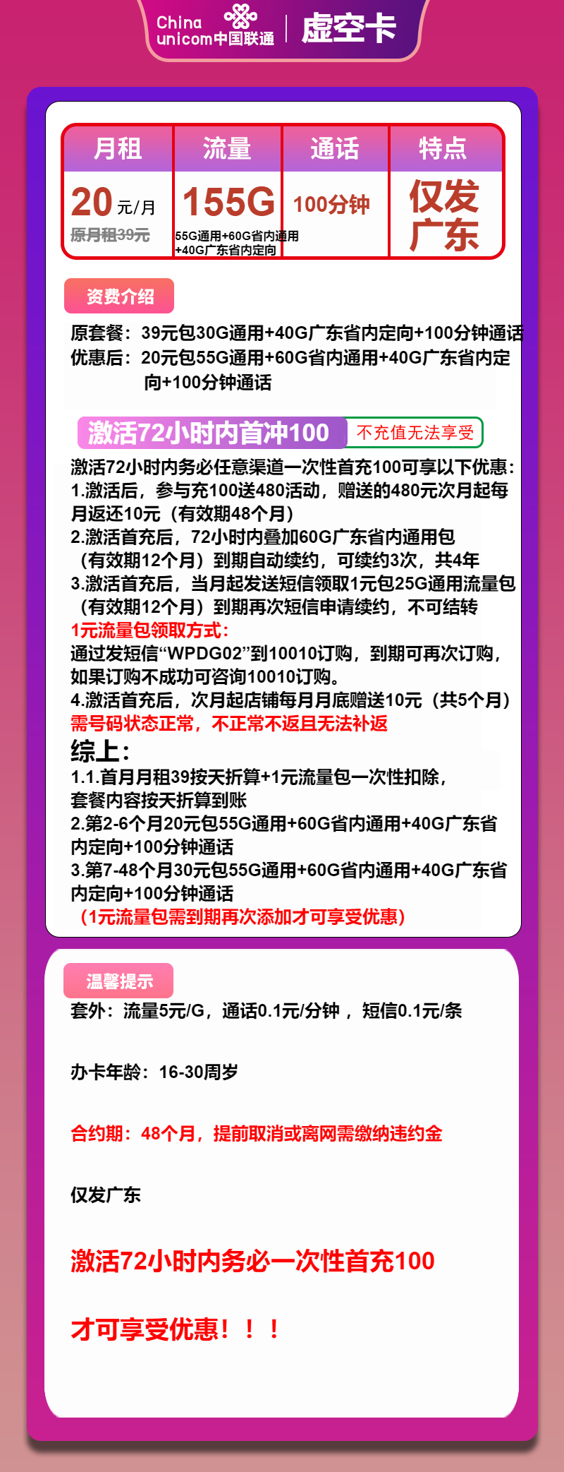 联通虚空卡20元月租包115G通用+40G定向+100分钟通话