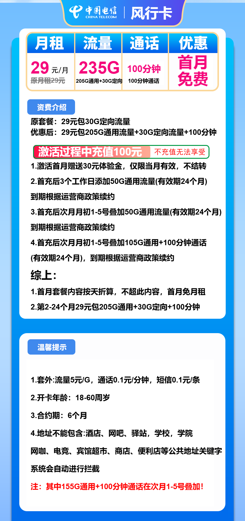 电信风行卡29元月租包205G通用+30G定向+100分钟通话