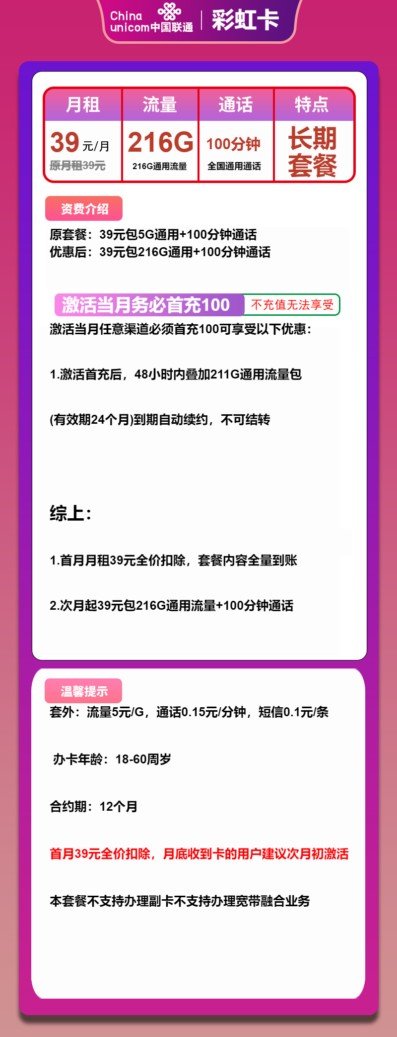 联通彩虹卡39元月租包216G通用+100分钟通话