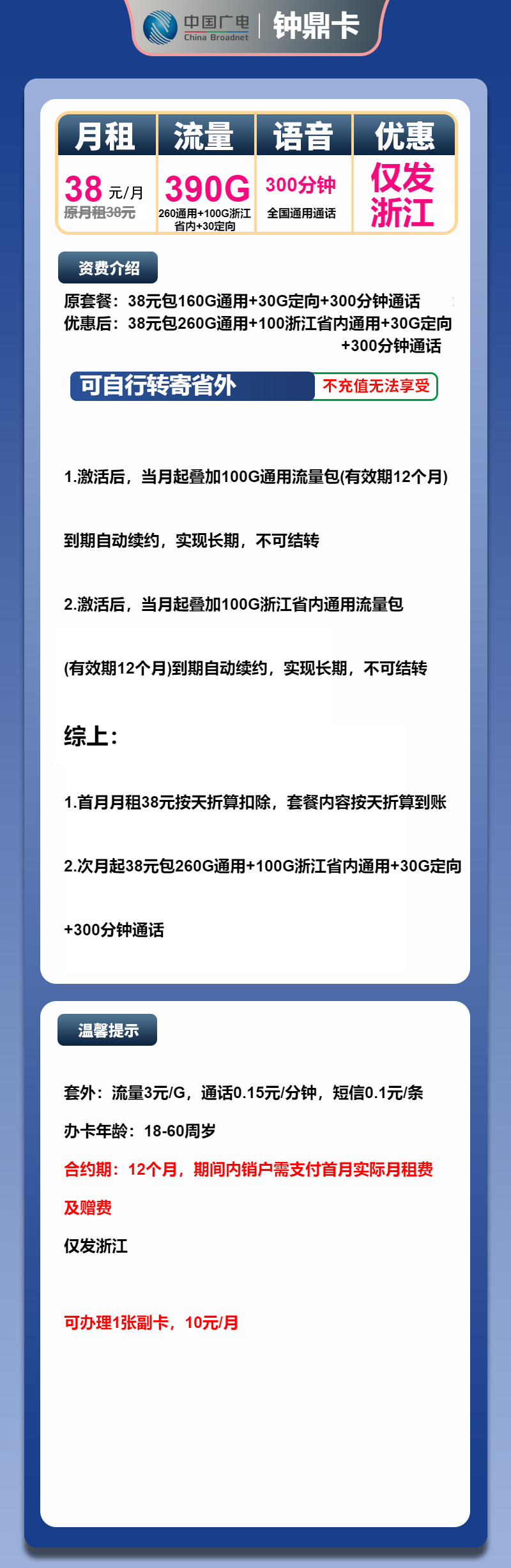 广电钟鼎卡38元月租包360G通用+30G定向+300分钟通话