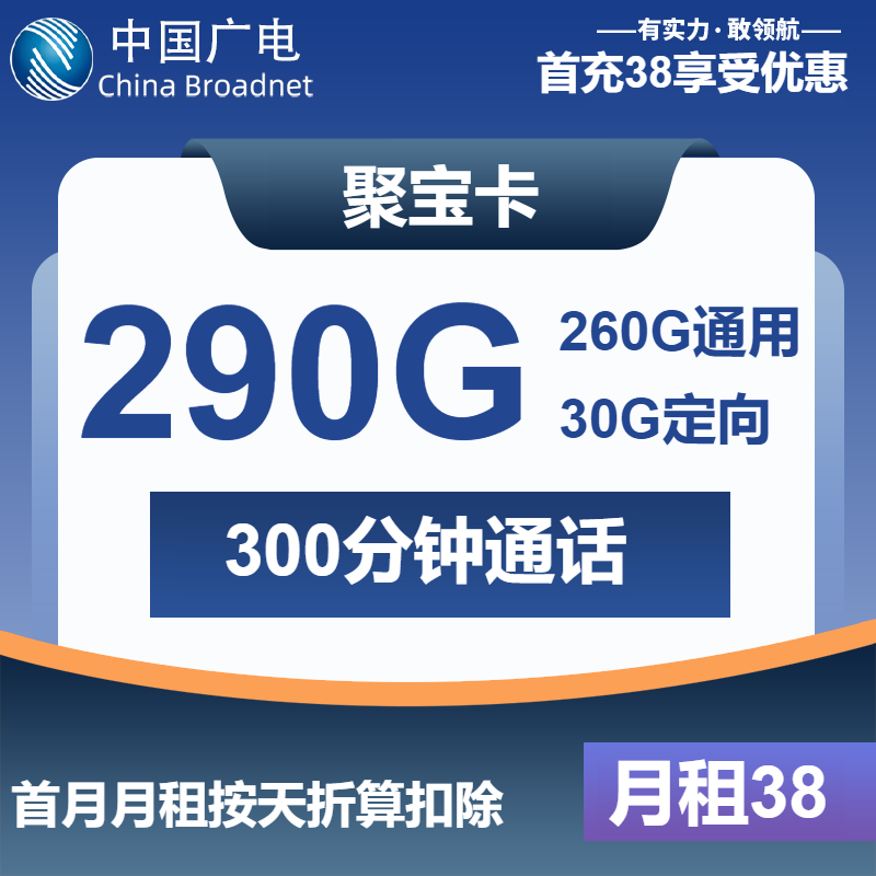 广电聚宝卡38元月租包260G通用+30G定向+300分钟通话