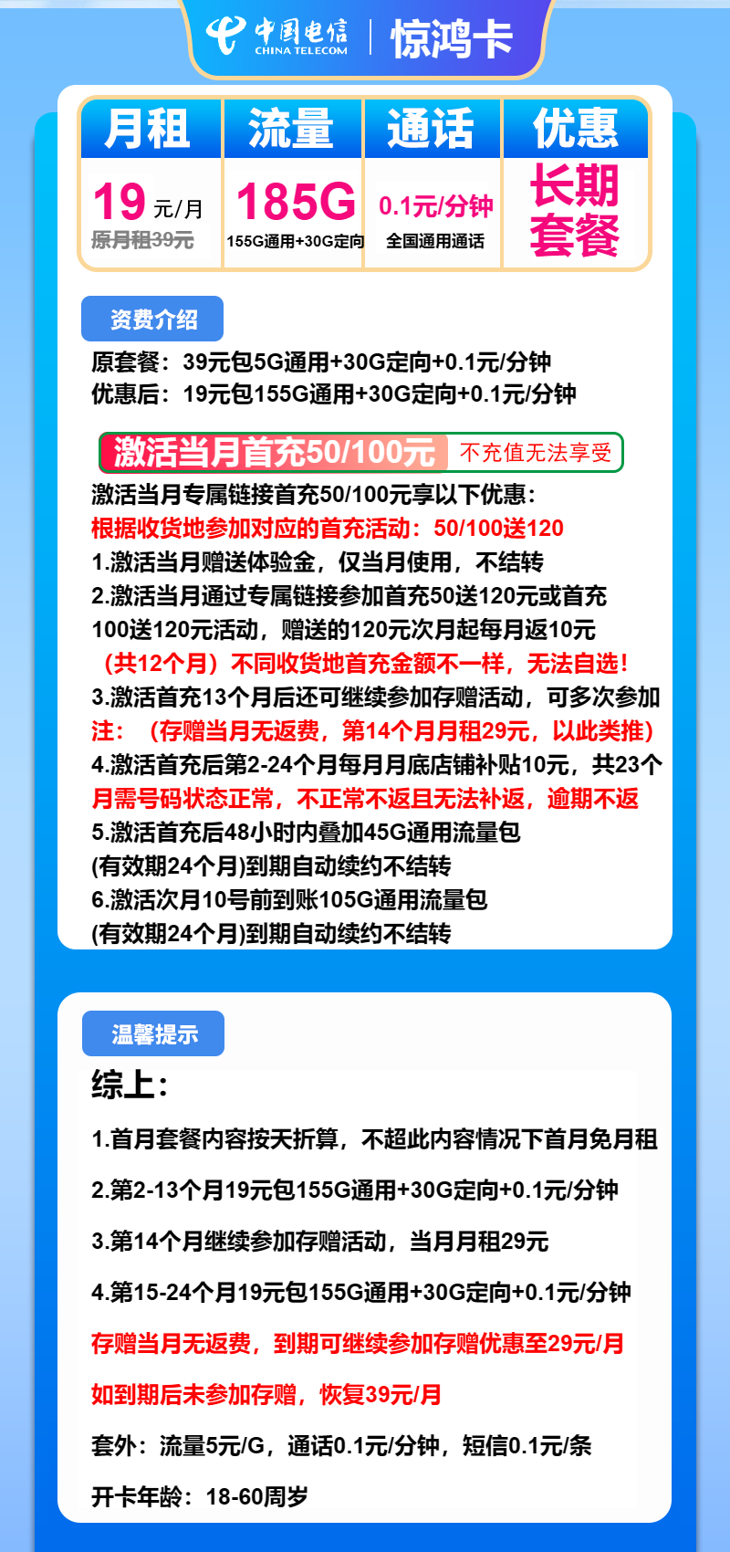 电信惊鸿卡19元月包155G通用+30G定向+通话0.1元/分钟