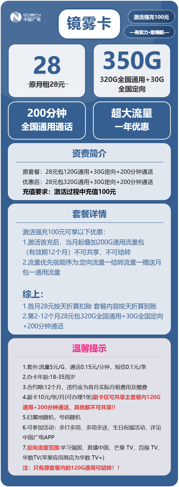 广电镜雾卡28元月租包320G通用+30G定向+200分钟通话