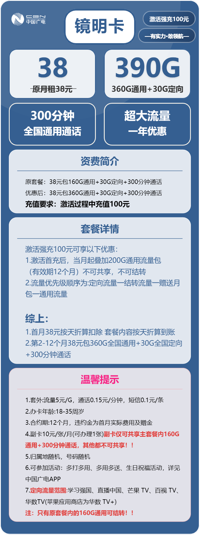 广电镜明卡38元月租包360G通用+30G定向+300分钟通话