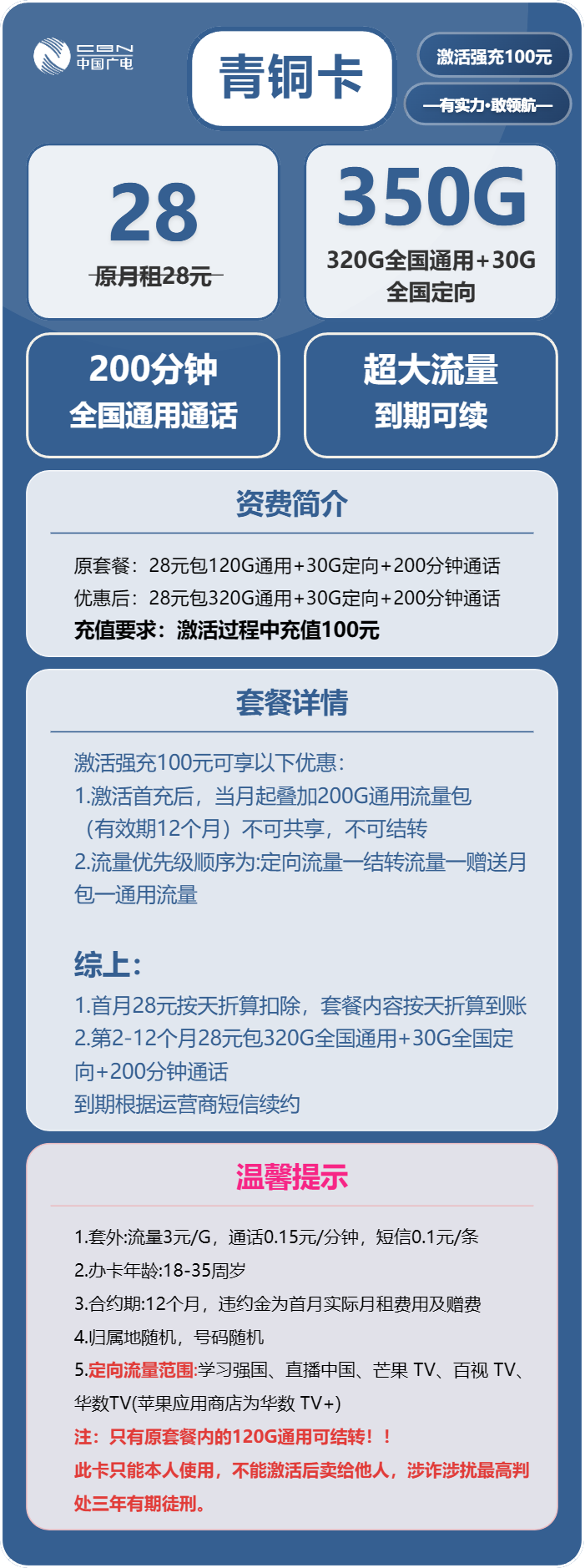 广电青铜卡28元月租包320G通用+30G定向+200分钟通话