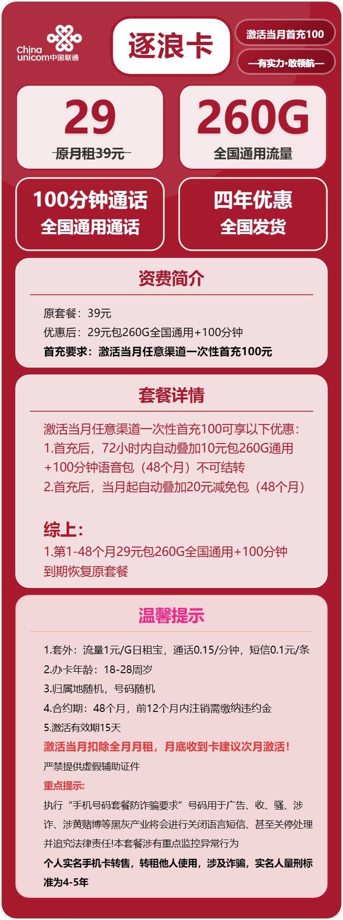 联通逐浪卡29元月租包260G通用+100分钟通话
