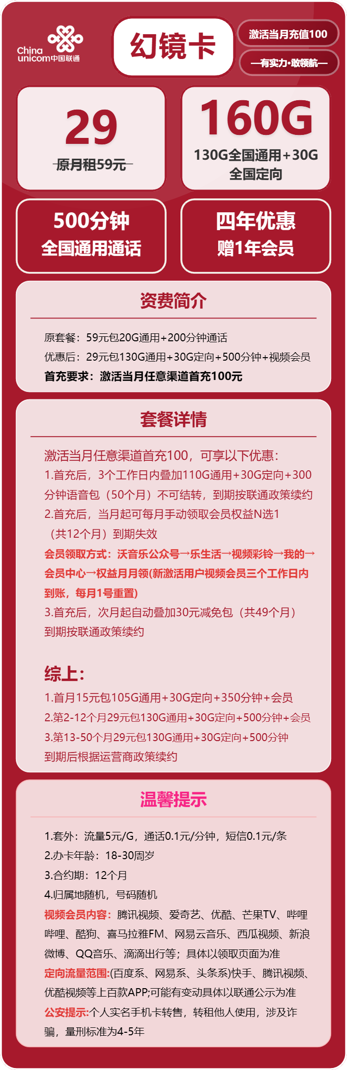 联通幻境卡29元月租包130G通用+30G定向+500分钟通话+会员