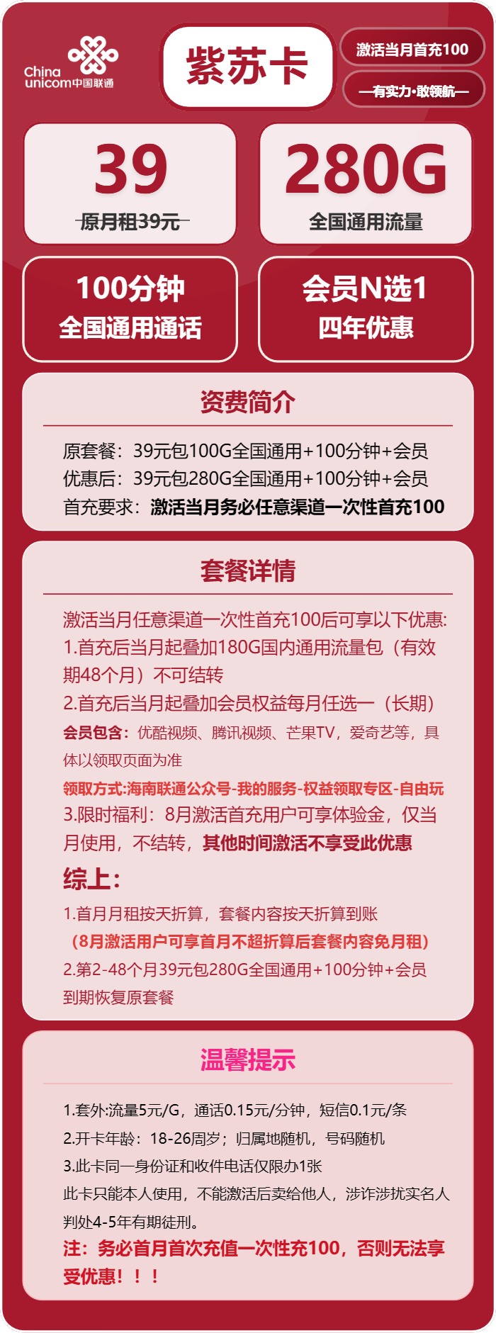 联通紫苏卡39元月租包280G通用+100分钟通话+会员权益