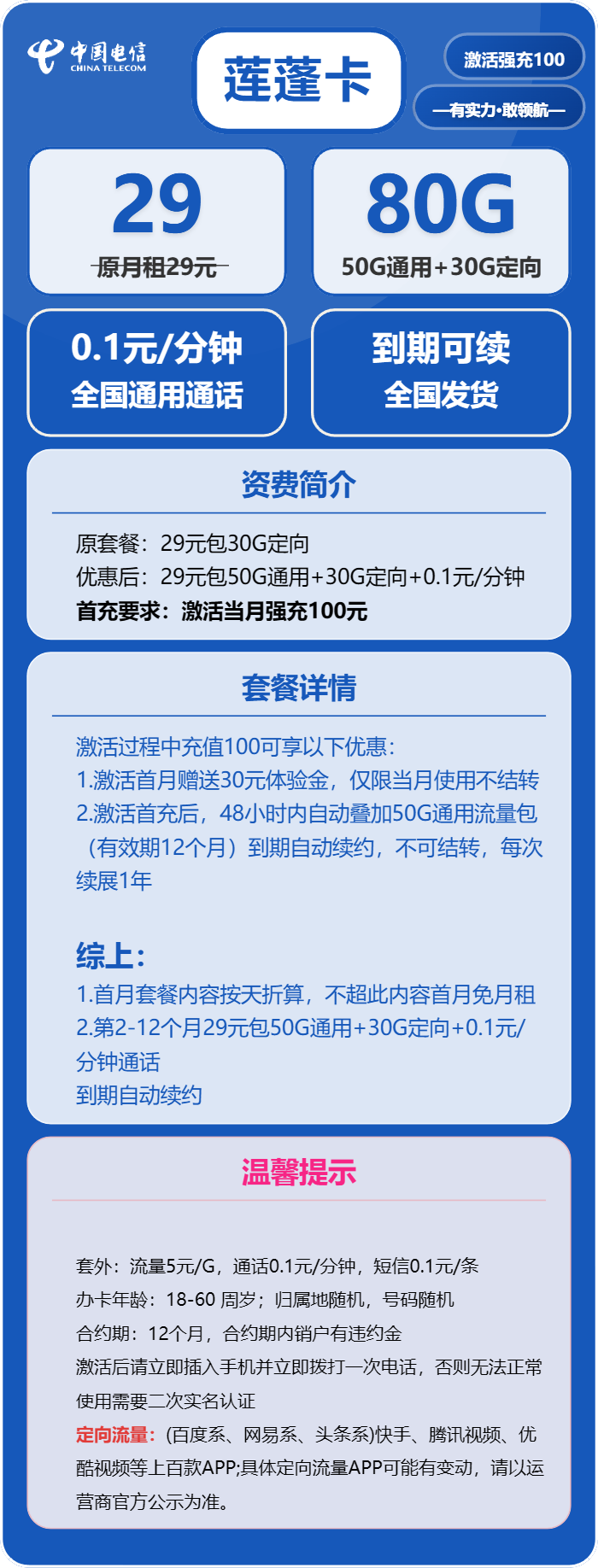 电信莲蓬卡29元月租包50G通用+30G定向+通话0.1元/分钟