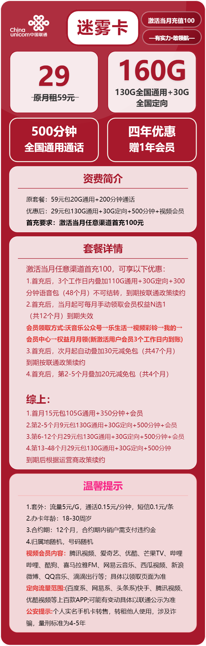 联通迷雾卡29元月租包130G通用+30G定向+500分钟通话+会员权益