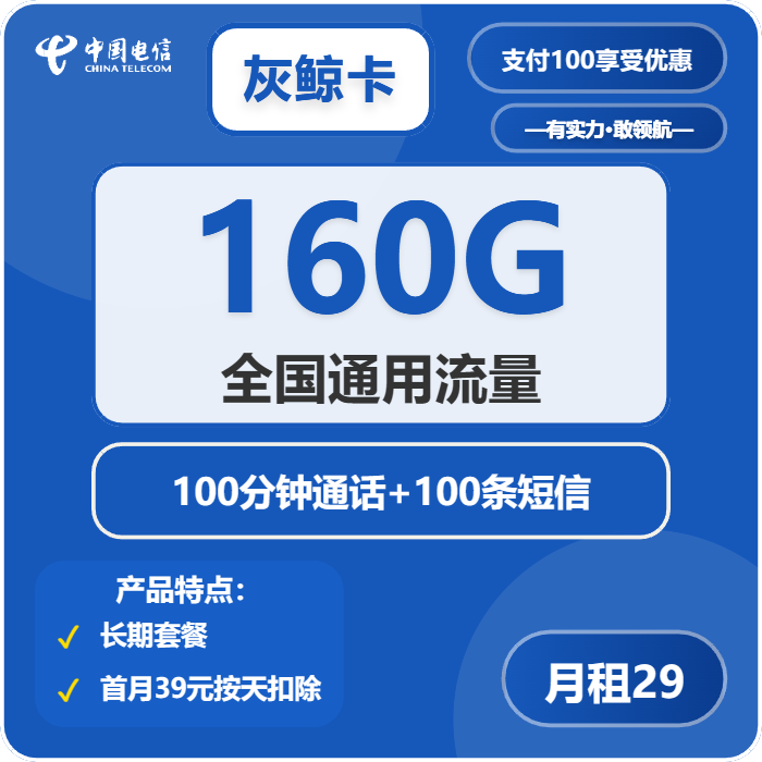 电信灰鲸卡29元月租包160G通用+100分钟通话+100条短信