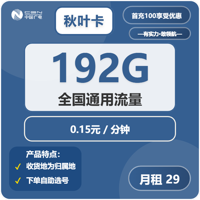 广电秋叶卡29元月租包192G通用+通话0.15元/分钟