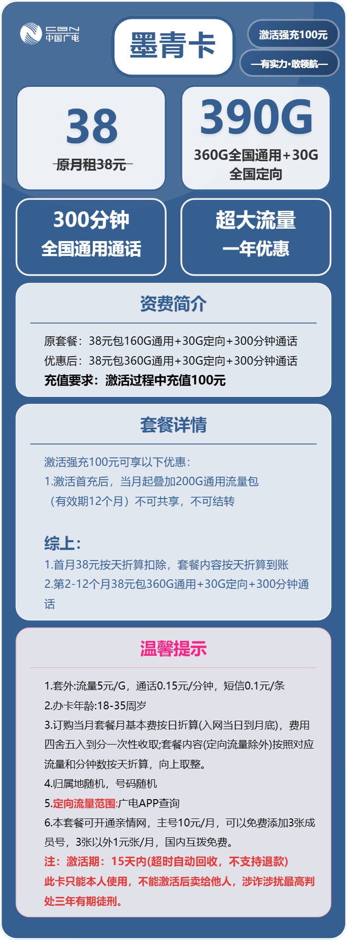 广电墨青卡38元月租包360G通用+30G定向+300分钟通话
