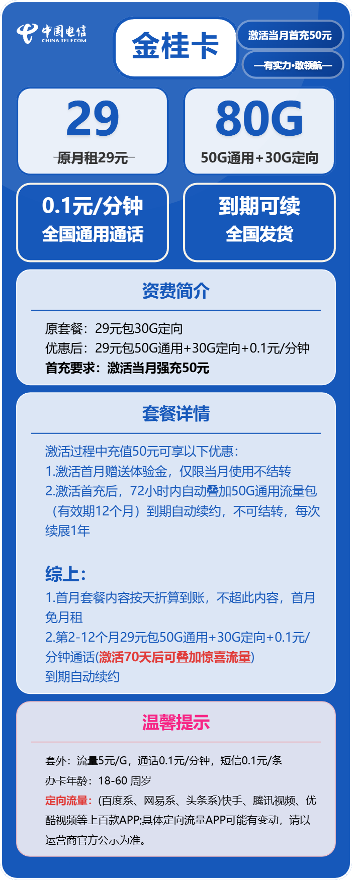 电信金桂卡29元月租包50G通用+30G定向+通话0.1元/分钟