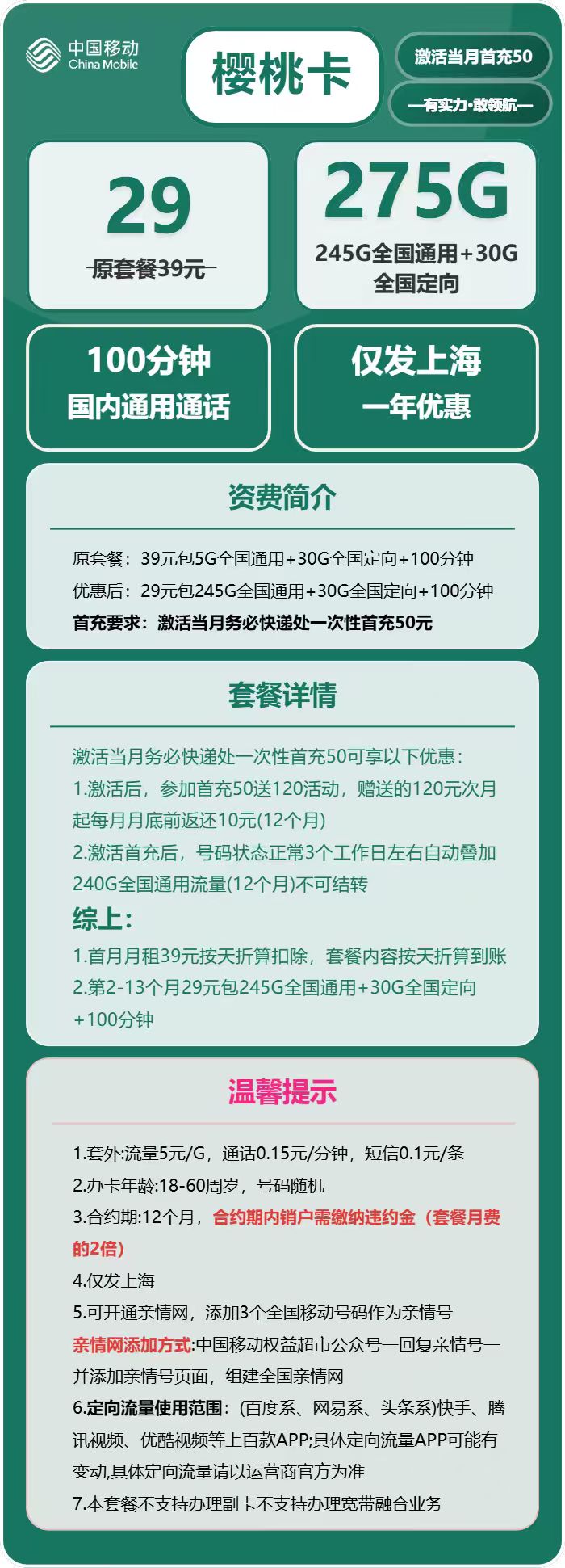 移动樱桃卡29元月租包245G通用+30G定向+100分钟通话