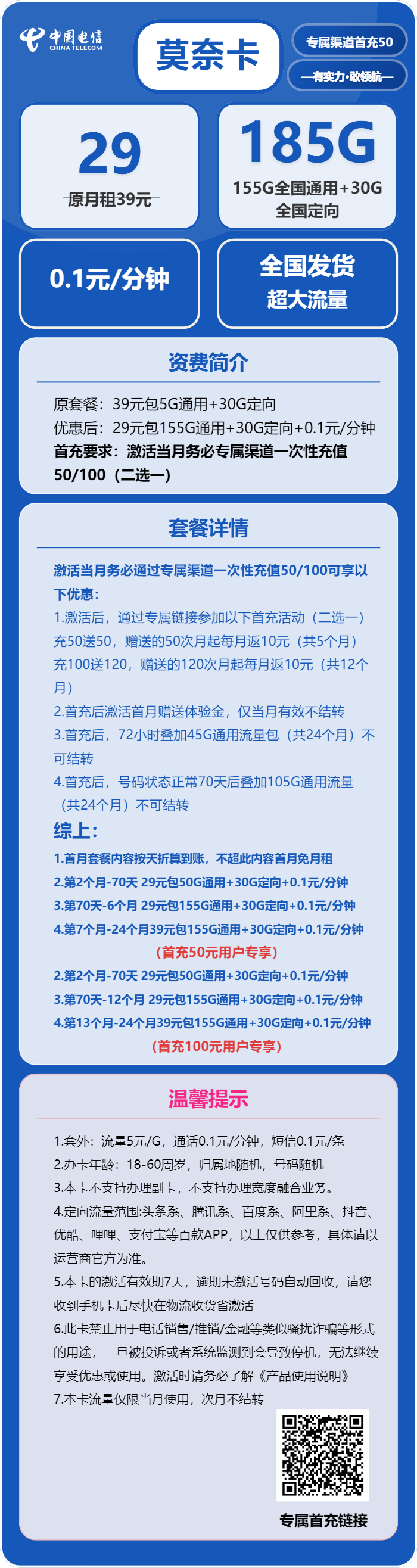 电信莫奈卡29元月租包155G通用+30G定向+通话0.1元/分钟