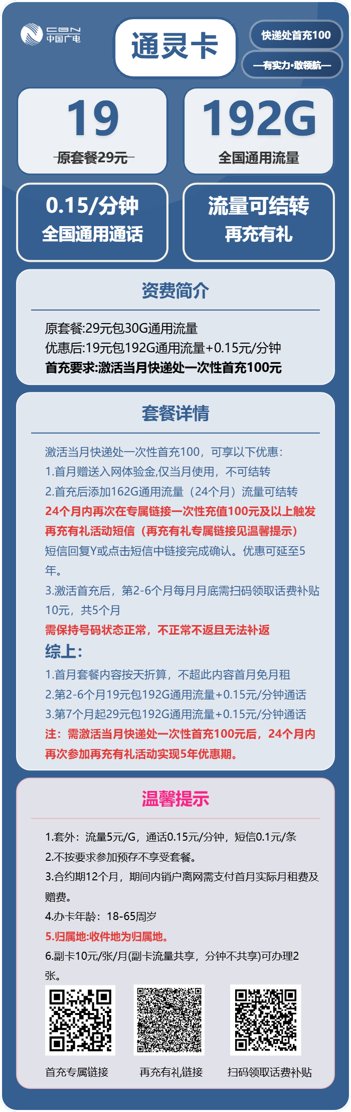 广电通灵卡19元月租包192G通用+通话0.15元/分钟