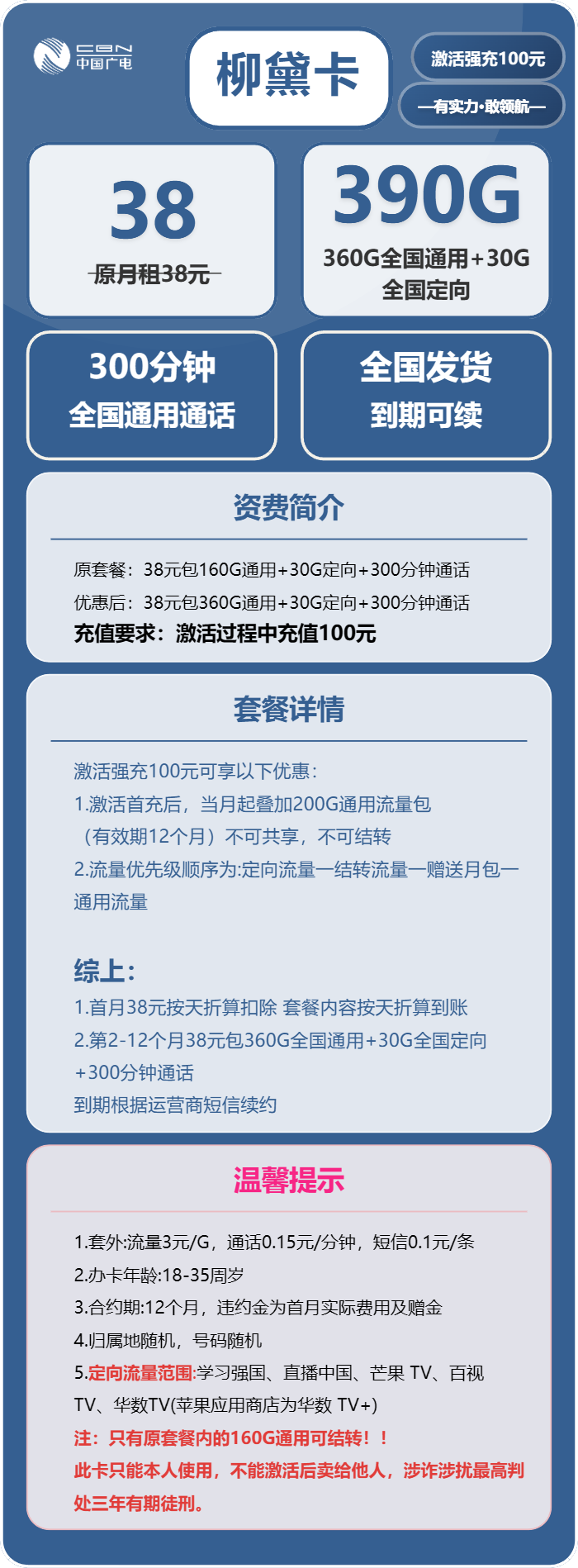 广电柳黛卡38元月租包360G通用+30G定向+300分钟通话