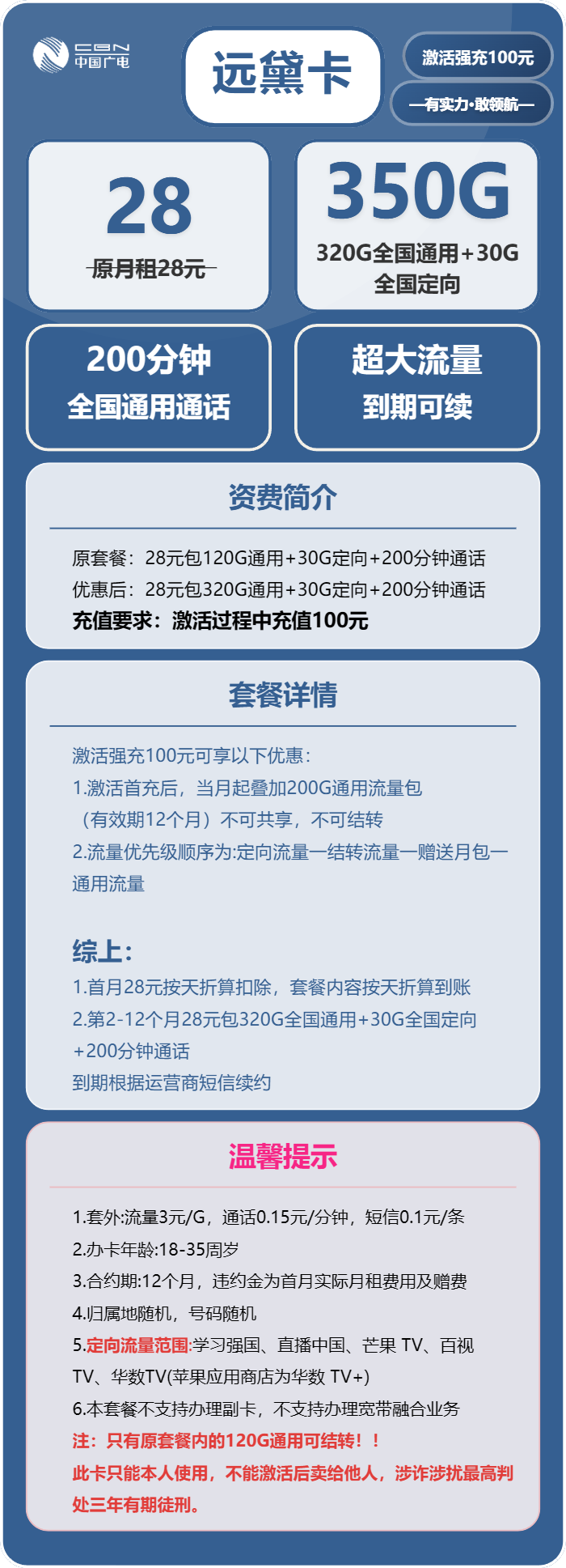 广电远黛卡28元月租包320G通用+30G定向+200分钟通话