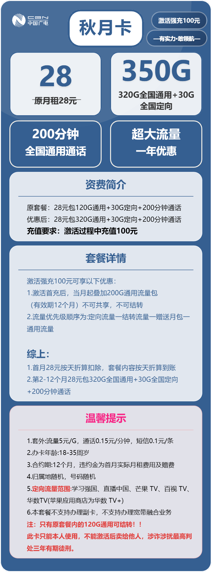广电秋月卡28元月租包320G通用+30G定向+200分钟通话