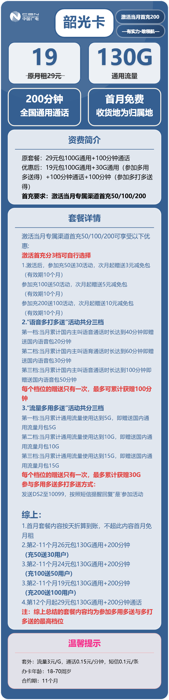 广电韶光卡19元月租包130G通用+200分钟通话