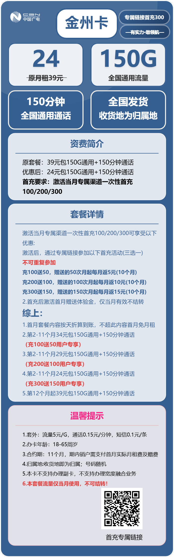 广电金州卡24元月租包150G通用+150分钟通话