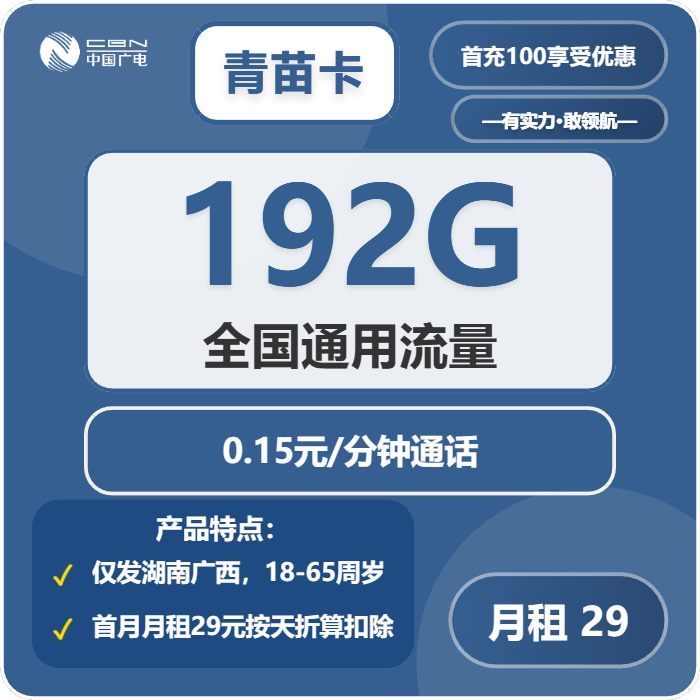 广电青苗卡29元月租包192G通用+通话0.15元/分钟