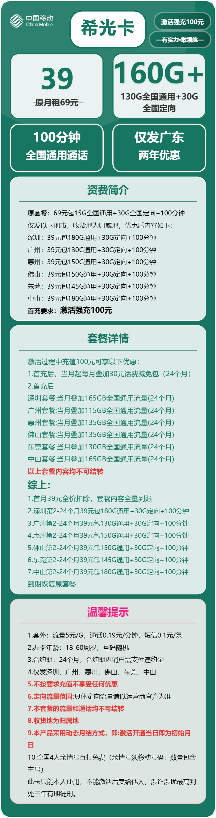 移动希光卡39元月租包180G通用+30G定向+100分钟通话
