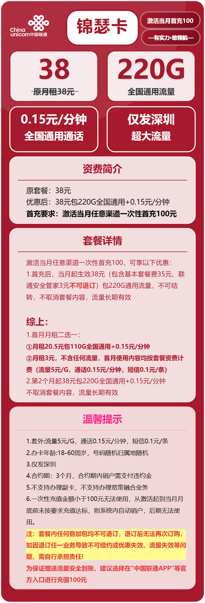 联通锦瑟卡38元月租包220G通用+通话0.15元/分钟