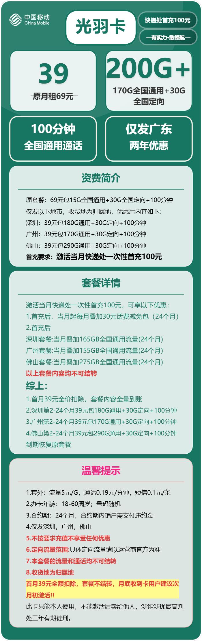 移动光羽卡39元月租包170G通用+30G定向+100分钟通话