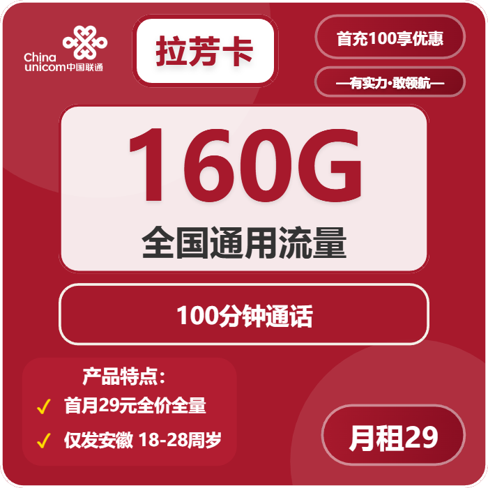 联通拉芳卡29元月租包160G通用+100分钟通话+100条短信