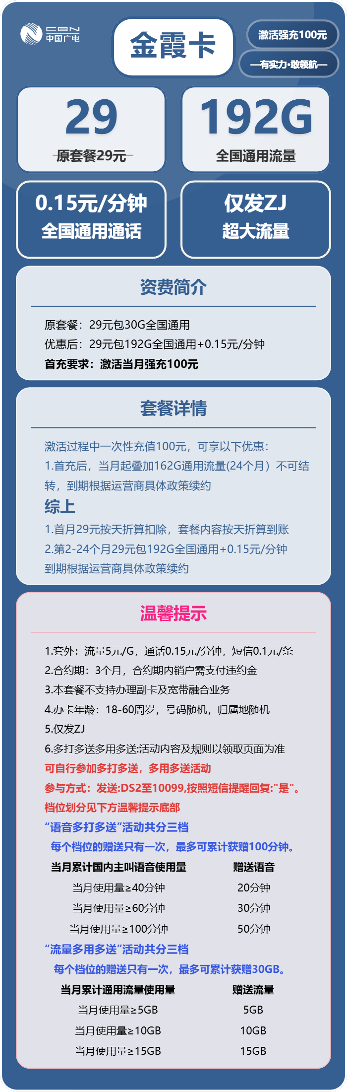 广电金霞卡29元月租包192G通用+通话0.15元/分钟