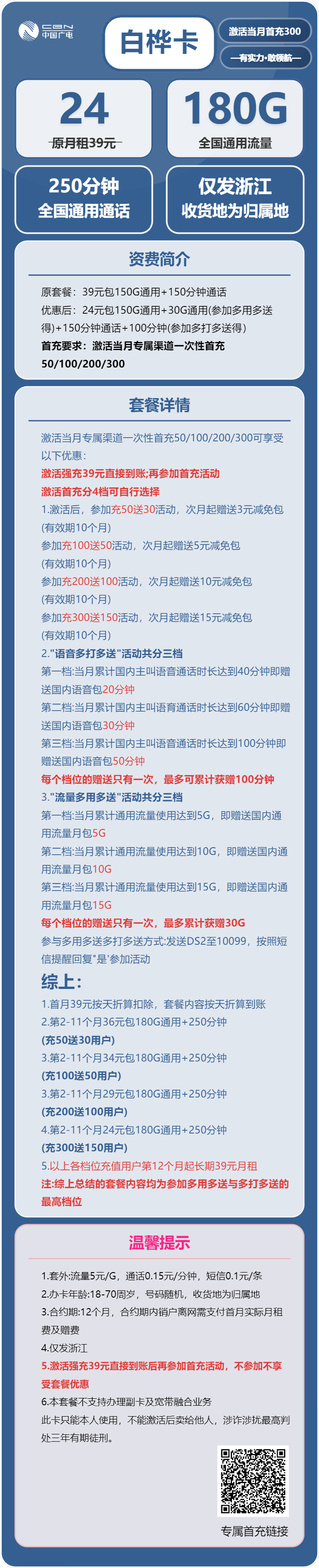 广电白桦卡24元月租包180G通用+250分钟通话