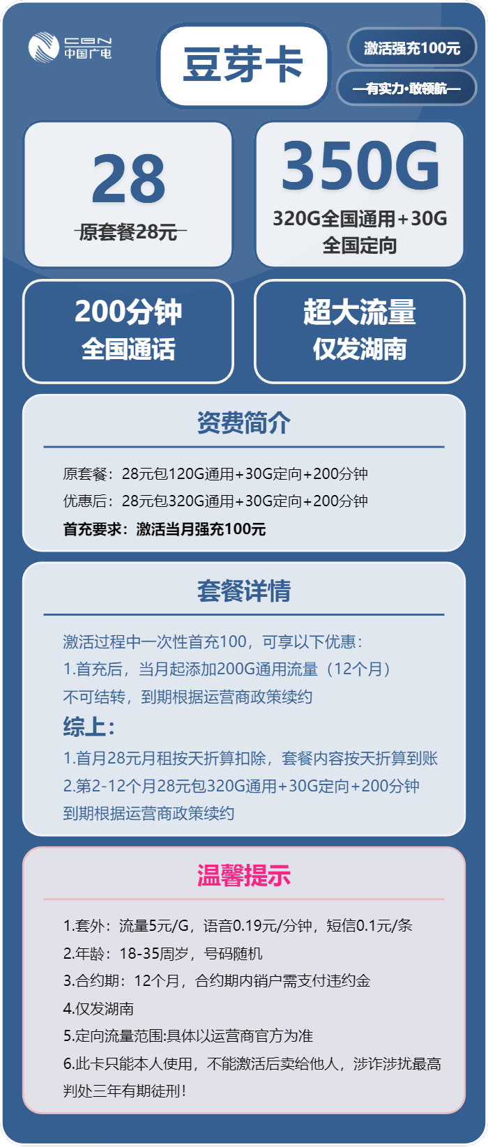 广电豆芽卡28元月租包320G通用+30G定向+200分钟通话