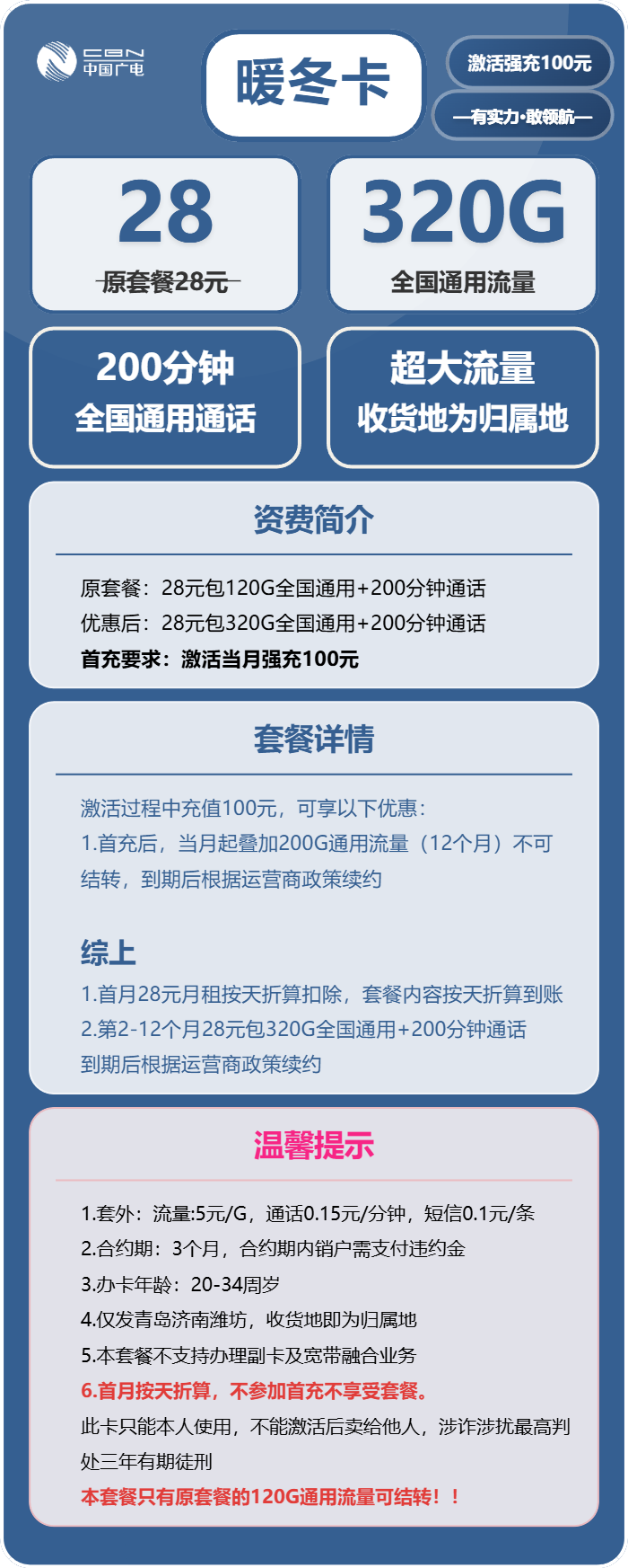 广电暖冬卡28元月租包320G通用+200分钟通话