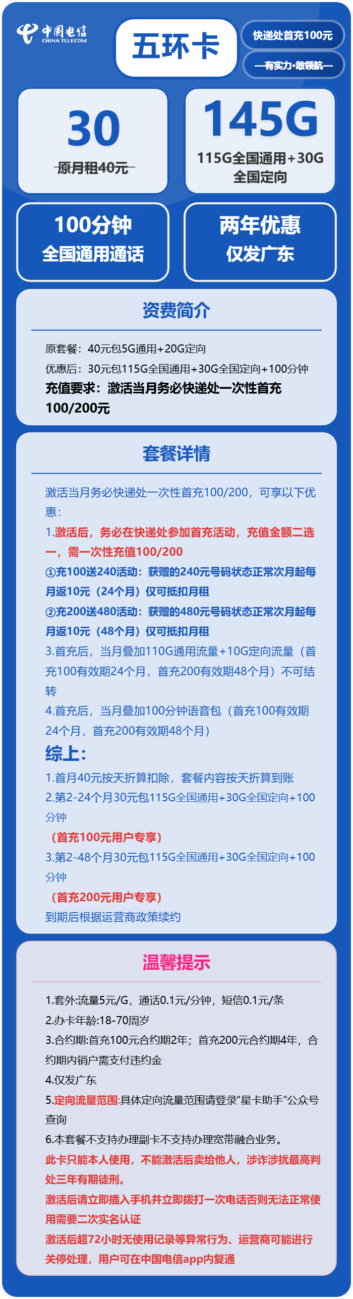 电信五环卡30元月租包115G通用+30G定向+100分钟通话
