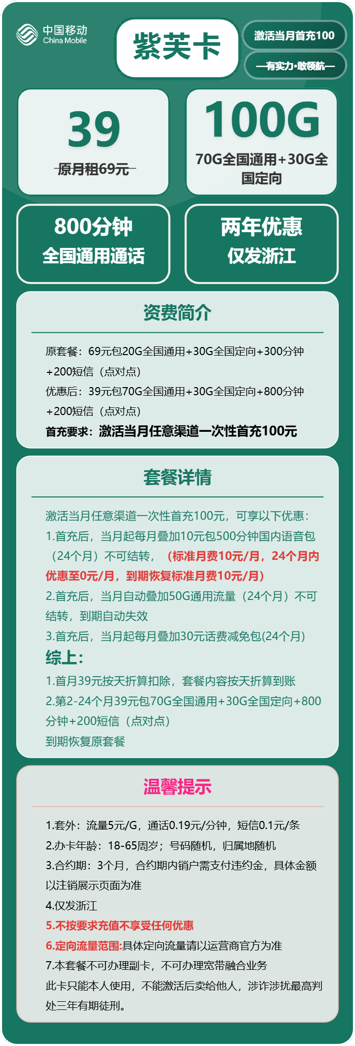 移动紫芙卡39元月租包70G通用+30G定向+800分钟通话