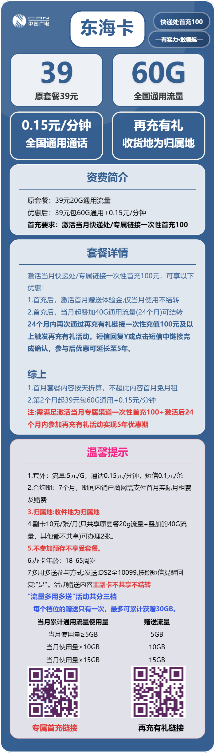 广电东海卡39元月租包60G通用+通话0.15元/分钟