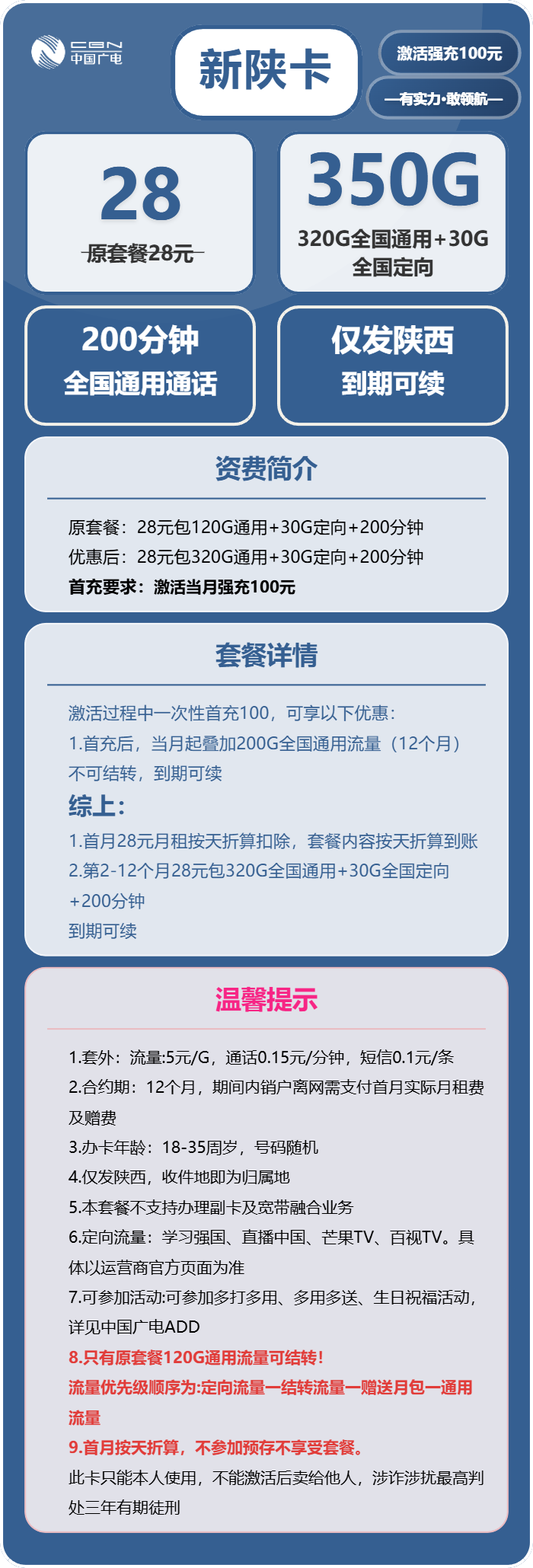 广电新陕卡28元月租包320G通用+30G定向+200分钟通话