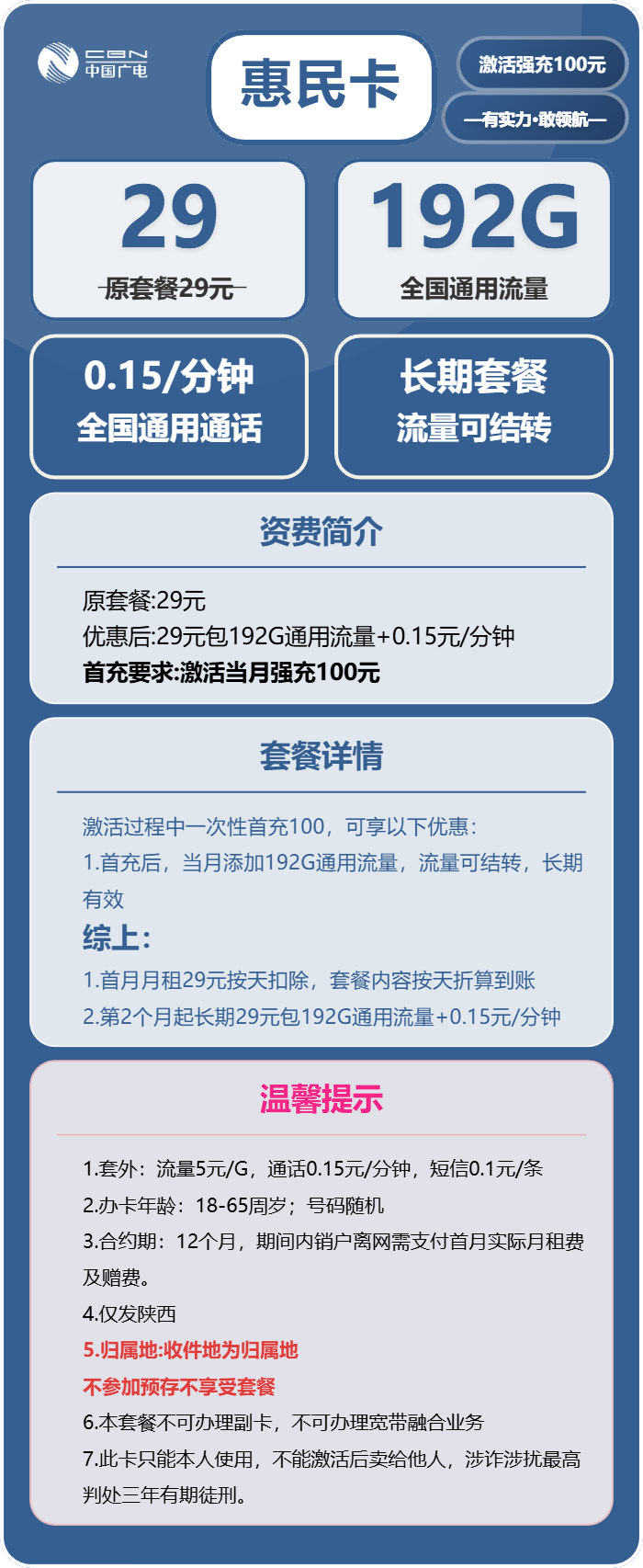 广电惠民卡29元月租包192G通用+通话0.15元/分钟