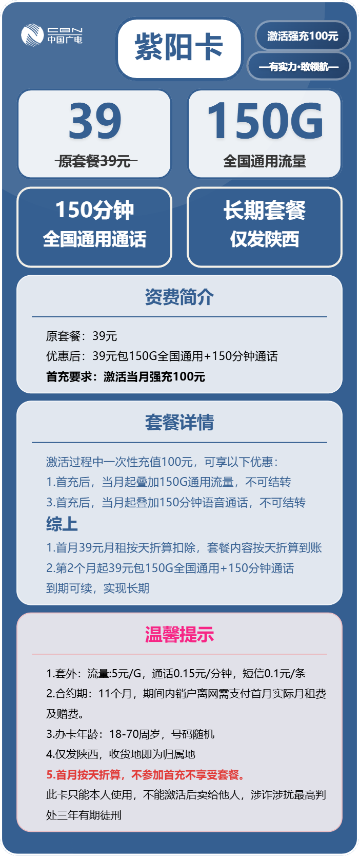 广电紫阳卡39元月租包150G通用+150分钟通话