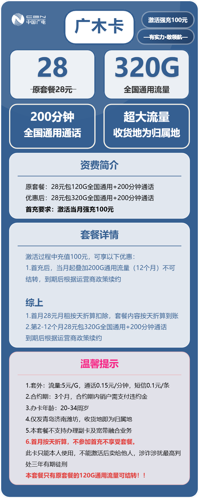 广电广木卡28元月租包320G通用+30G定向+200分钟通话