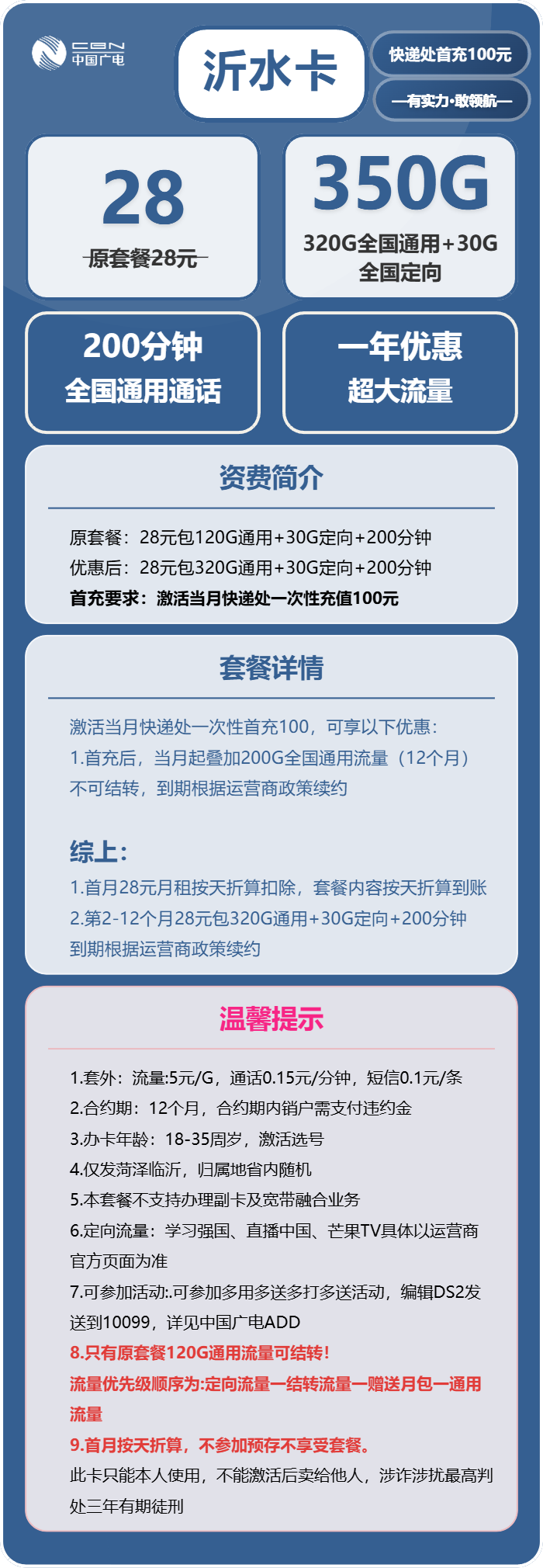 广电沂水卡28元月租包320G通用+30G定向+200分钟通话